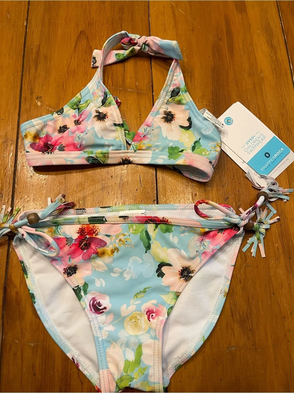 Snapper Rock Floral Halter Bikini Top in Light Blue, Pink and Green